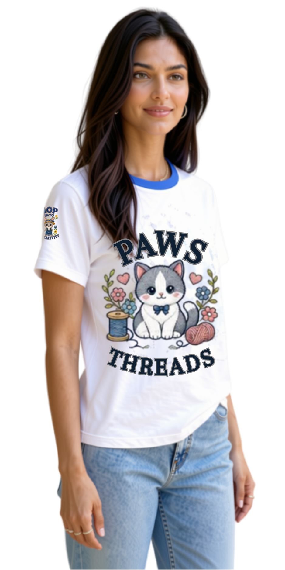 A woman wearing a white graphic t-shirt with a blue collar and a cartoon cat design that reads 'PAWS THREADS'.