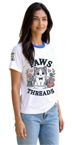 A woman wearing a white graphic t-shirt with a blue collar and a cartoon cat design that reads 'PAWS THREADS'.