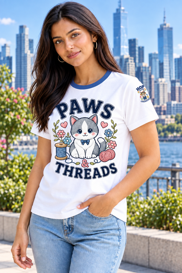 A woman wearing a white graphic t-shirt with a cartoon cat design and the text 'PAWS THREADS', paired with light blue jeans, set against a plain white background.