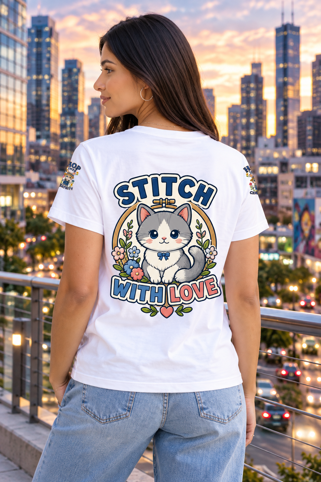 A woman wearing a white short-sleeve T-shirt with a large cartoon cat graphic and the words 'STITCH WITH LOVE' on the back, paired with light blue jeans, shown against a plain white background.