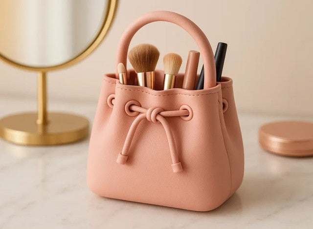Generic Plastic Sculptural Drawstring Makeup Brush Organizer (Pastel pink)