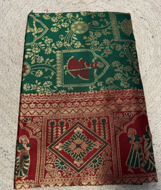 Generic Women's Jacquard Printed Saree With Unstitched Blouse - 5.5 Mtr (Green-Red)