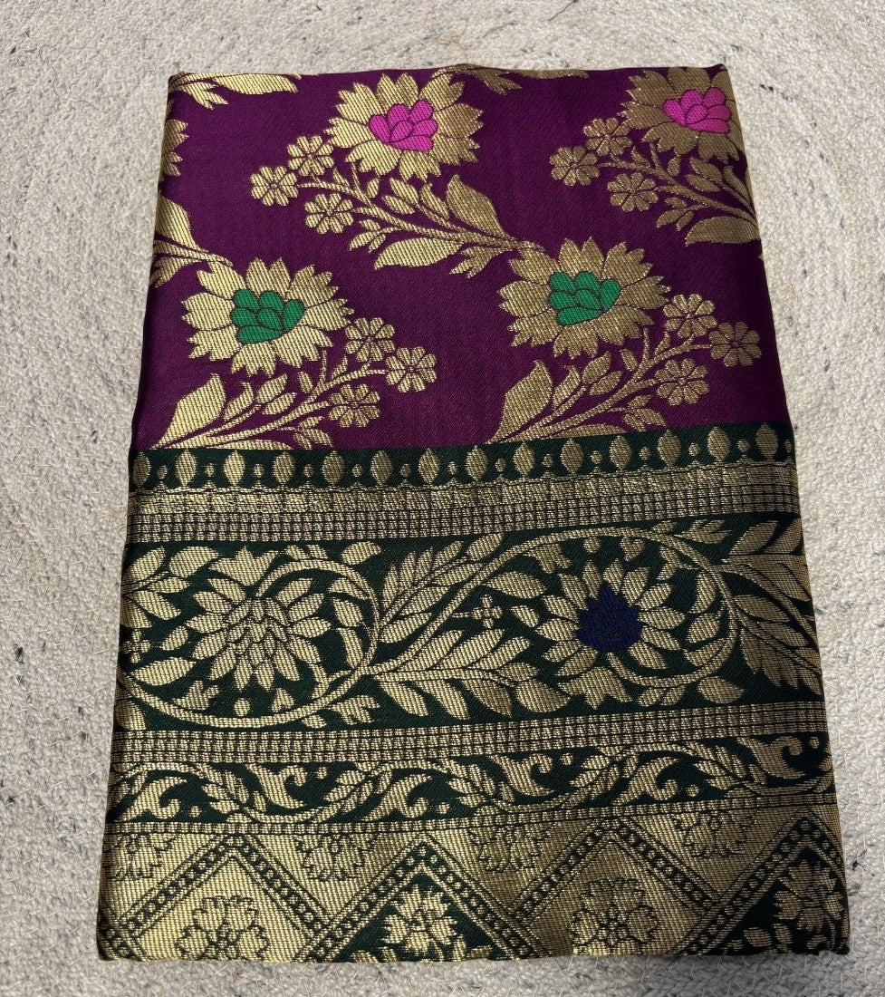 Generic Women's Jacquard Floral Printed Saree With Unstitched Blouse - 5.5 Mtr (Purple-Dark Green)