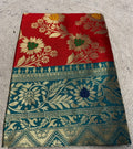 Generic Women's Jacquard Floral Printed Saree With Unstitched Blouse - 5.5 Mtr (Red-Teal)