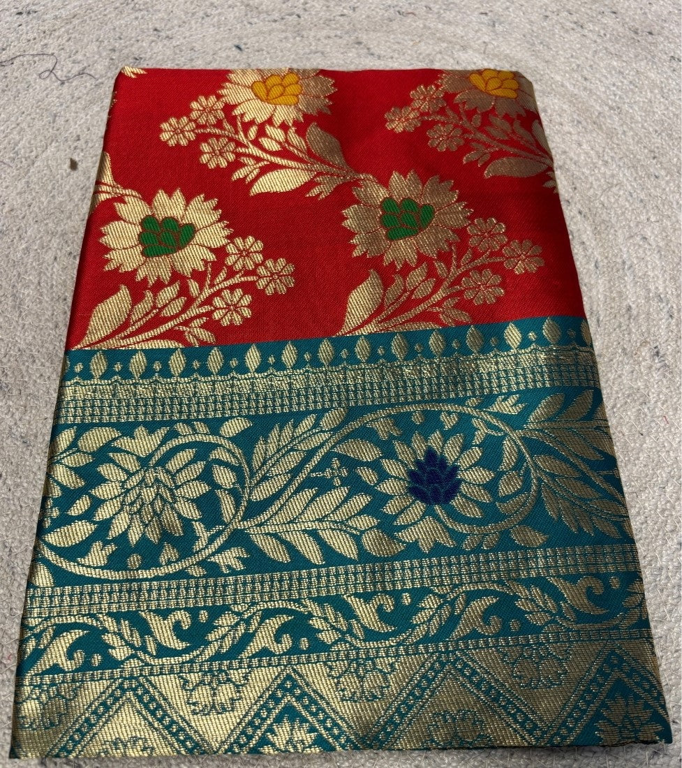 Generic Women's Jacquard Floral Printed Saree With Unstitched Blouse - 5.5 Mtr (Red-Teal)