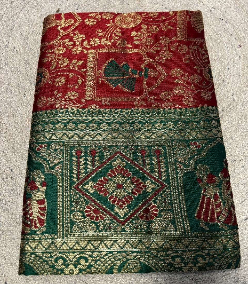 Generic Women's Jacquard Printed Saree With Unstitched Blouse - 5.5 Mtr (Maroon-Green)