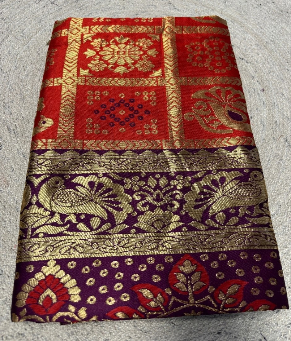 Generic Women's Jacquard Printed Saree With Unstitched Blouse - 5.5 Mtr (Red-Purple)