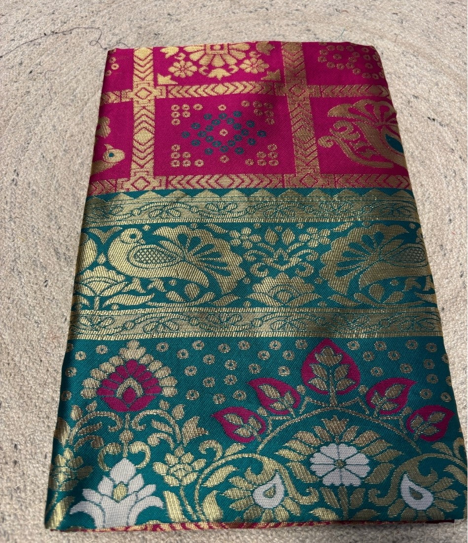 Generic Women's Jacquard Printed Saree With Unstitched Blouse - 5.5 Mtr (Magenta-Teal)