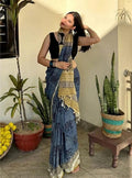 Generic Women's Linen Cotton Printed Saree With Unstitched Blouse - 5.5 Mtr (Blue)