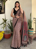 Generic Women's Linen Cotton Printed Saree With Unstitched Blouse - 5.5 Mtr (Brown)