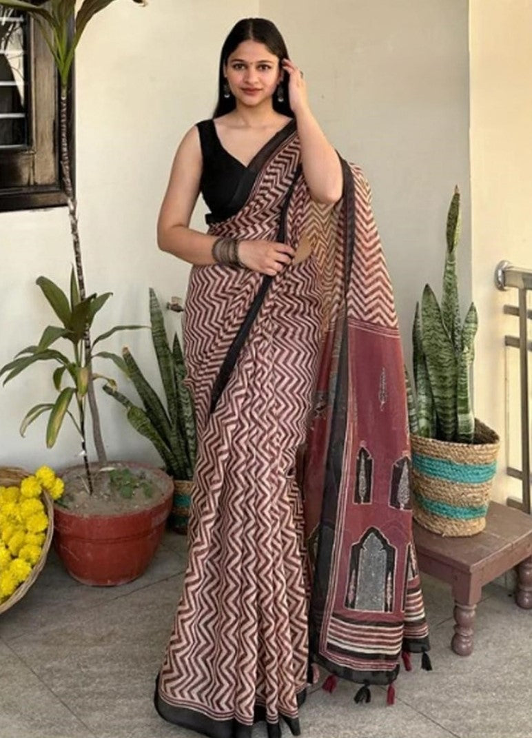 Generic Women's Linen Cotton Printed Saree With Unstitched Blouse - 5.5 Mtr (Brown)