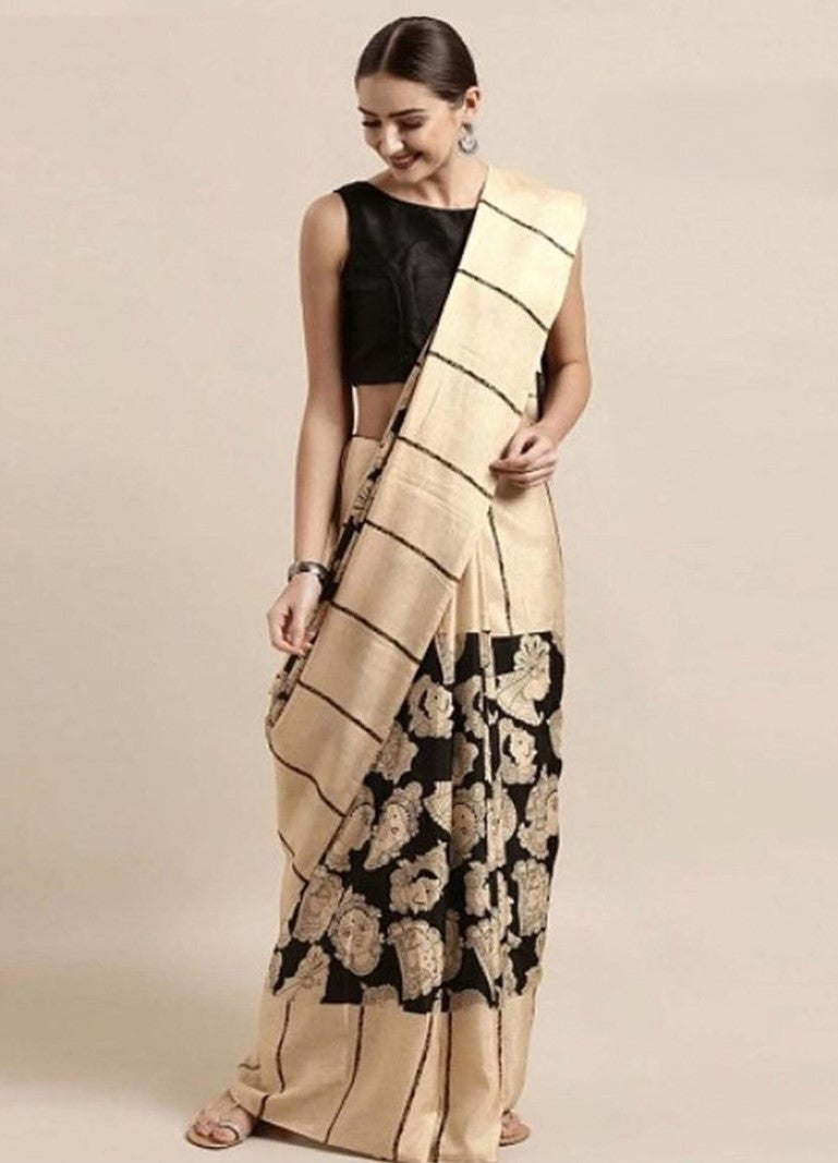 Generic Women's Linen Cotton Printed Saree With Unstitched Blouse - 5.5 Mtr (Cream-Black)