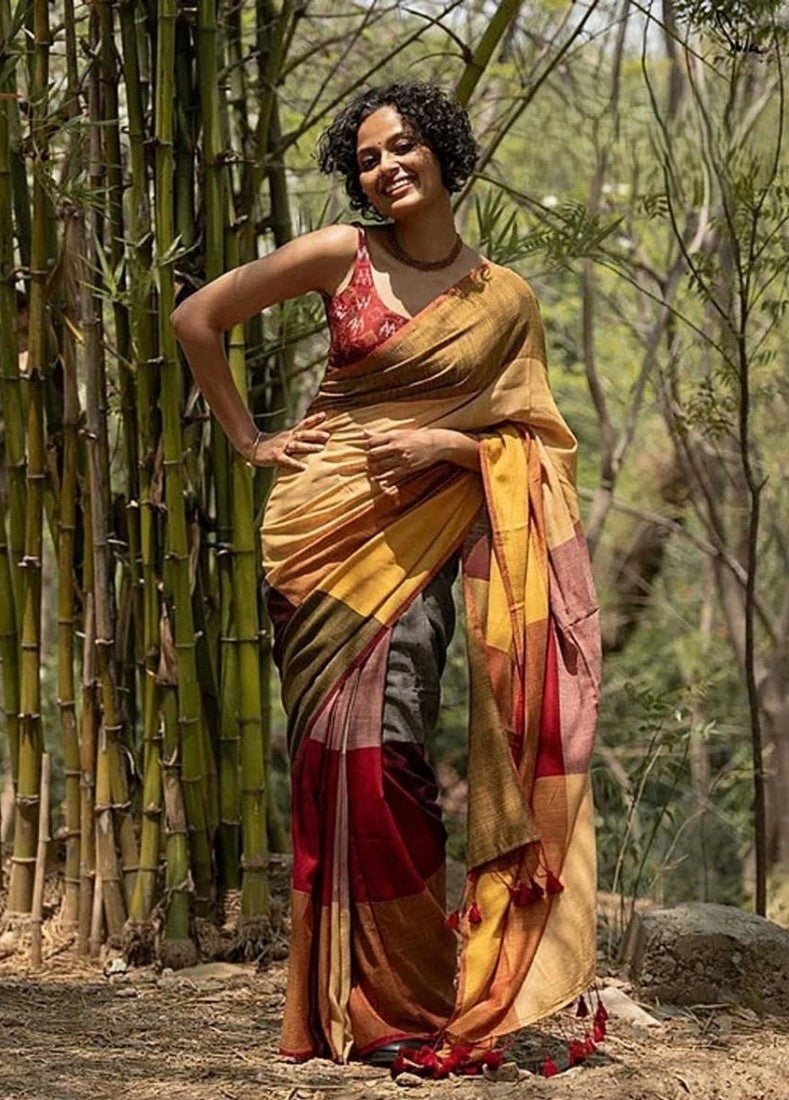 Generic Women's Linen Cotton Checked Saree With Unstitched Blouse - 5.5 Mtr (Multicolor)