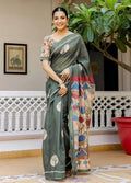 Generic Women's Linen Cotton Printed Saree With Unstitched Blouse - 5.5 Mtr (Green)