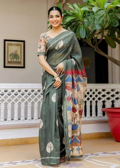 Generic Women's Linen Cotton Printed Saree With Unstitched Blouse - 5.5 Mtr (Green)