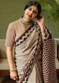 Generic Women's Linen Cotton Printed Saree With Unstitched Blouse - 5.5 Mtr (Cream-Maroon)
