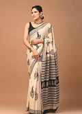 Generic Women's Linen Cotton Printed Saree With Unstitched Blouse - 5.5 Mtr (Cream-Black)
