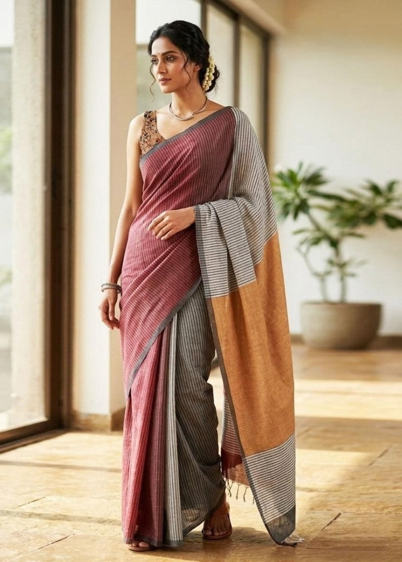 Generic Women's Linen Cotton Striped Saree With Unstitched Blouse - 5.5 Mtr (Maroon-Grey)