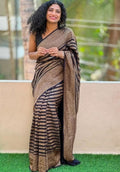 Generic Women's Linen Cotton Striped Saree With Unstitched Blouse - 5.5 Mtr (Black-Beige)