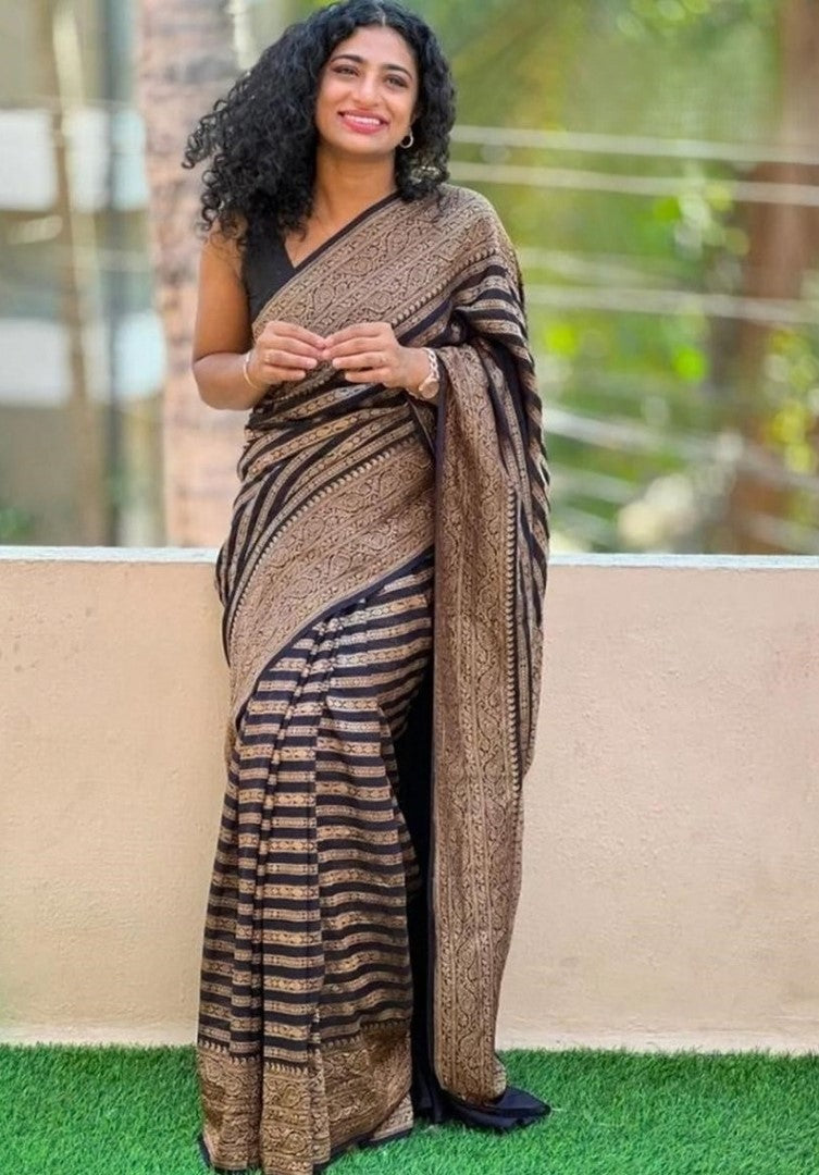 Generic Women's Linen Cotton Striped Saree With Unstitched Blouse - 5.5 Mtr (Black-Beige)