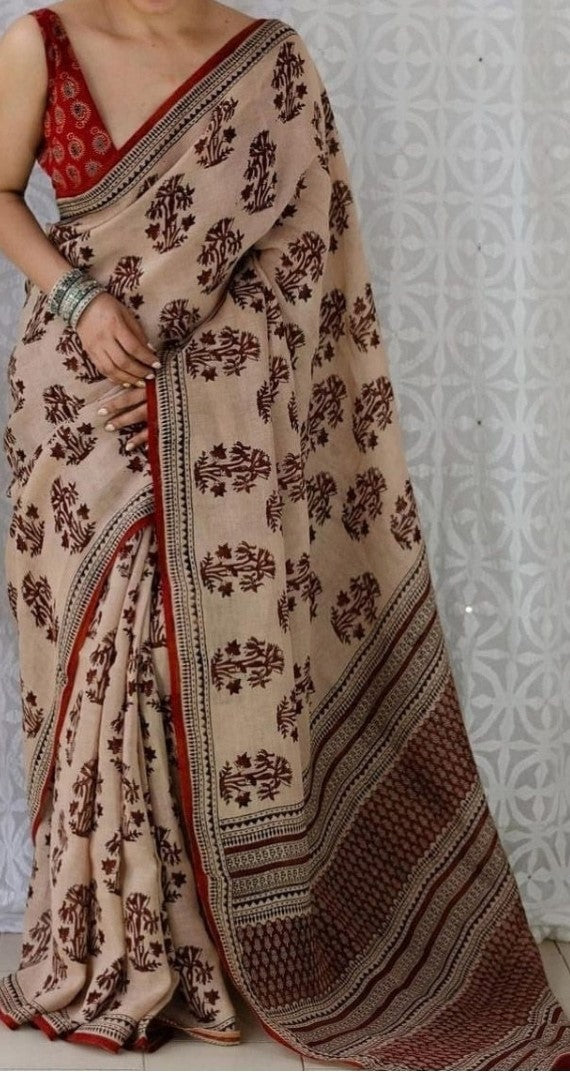 Generic Women's Linen Cotton Printed Saree With Unstitched Blouse - 5.5 Mtr (Cream-Maroon)