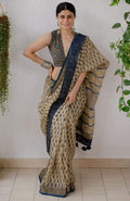 Generic Women's Linen Cotton Printed Saree With Unstitched Blouse - 5.5 Mtr (Cream-Blue)