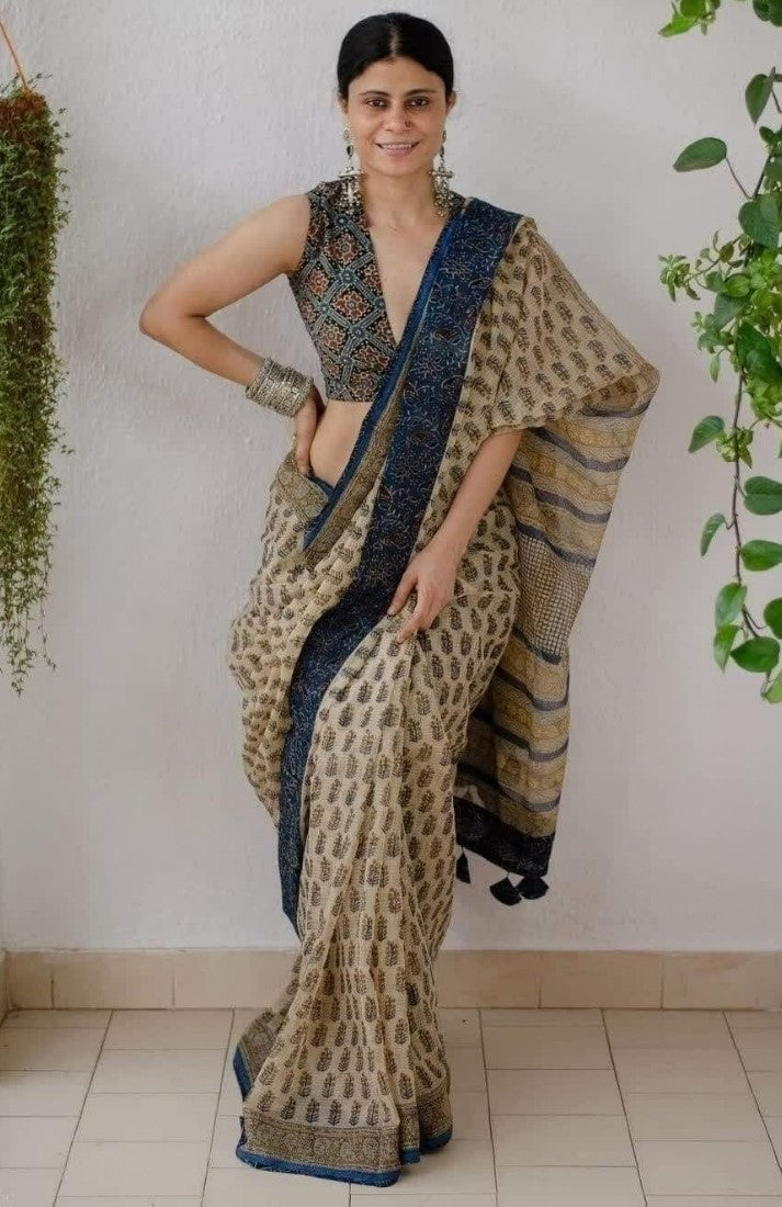 Generic Women's Linen Cotton Printed Saree With Unstitched Blouse - 5.5 Mtr (Cream-Blue)
