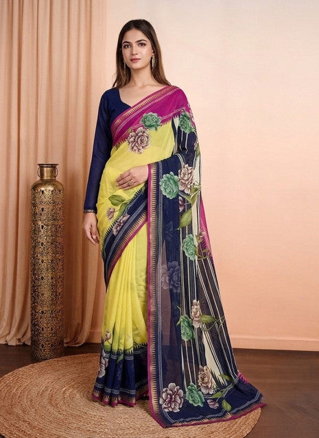 Generic Women's Marshmallow Cotton Floral Printed Saree With Unstitched Blouse - 5.5 Mtr (Multicolor)