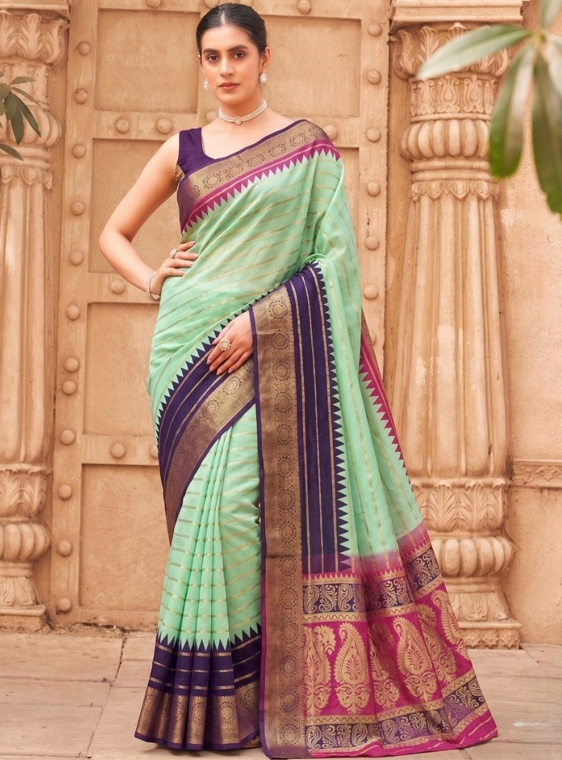 Generic Women's Marshmallow Cotton Striped Saree With Unstitched Blouse - 5.5 Mtr (Multicolor)