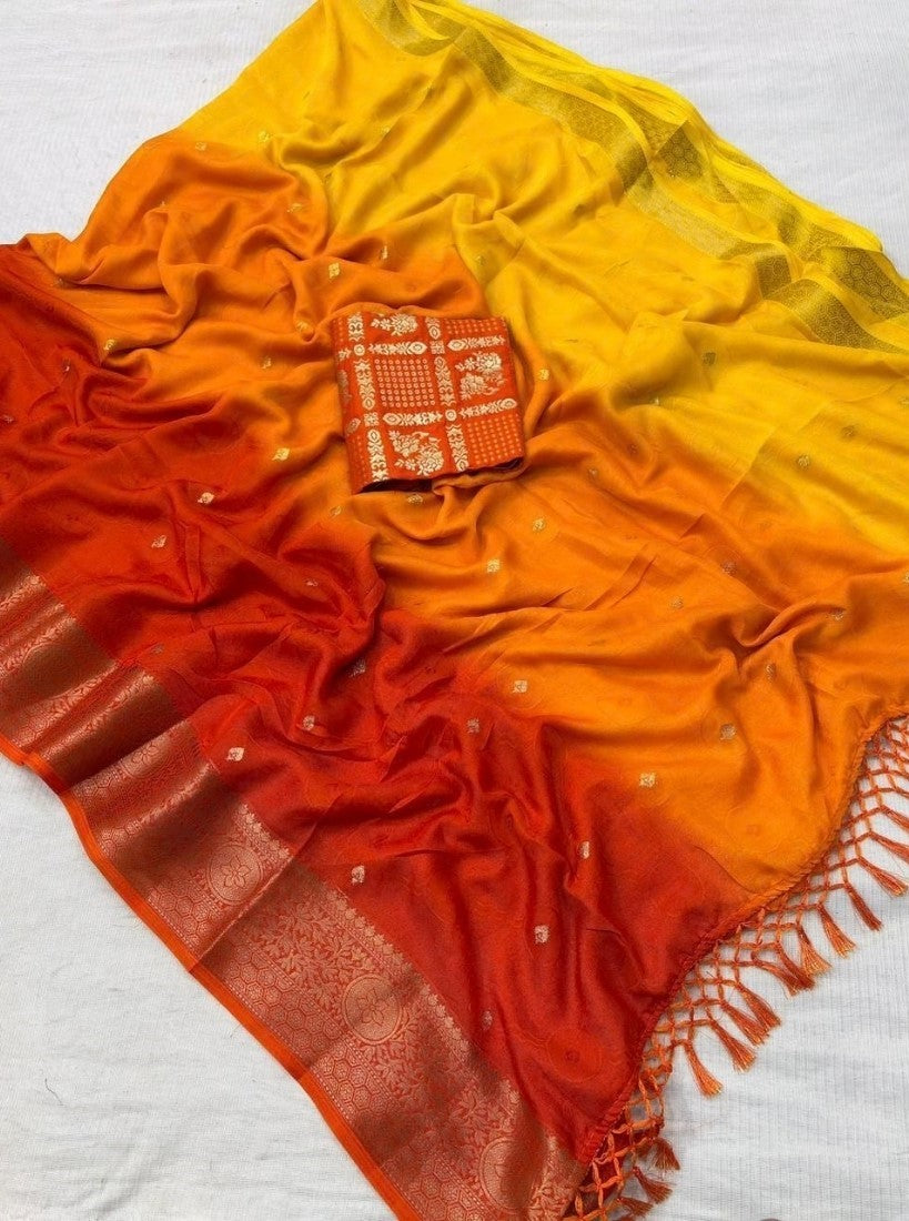 Generic Women's Marshmallow Cotton Printed Saree With Unstitched Blouse - 5.5 Mtr (Orange-Yellow)