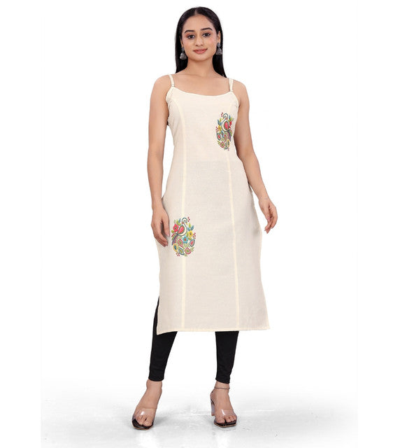 Generic Women's Khadi Cotton Floral-Paisley Printed Scoop Neck Sleeveless Kurti (Off White)