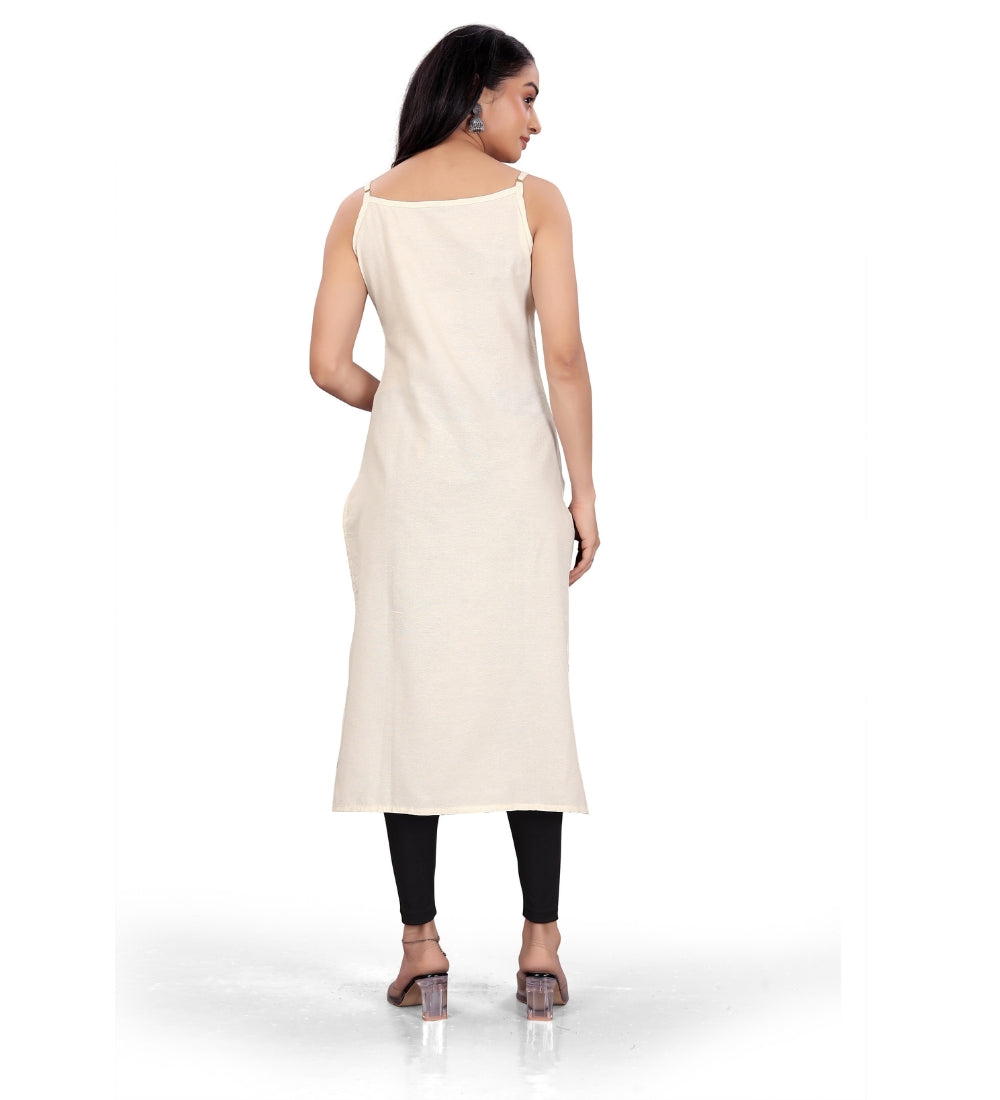 Generic Women's Khadi Cotton Floral-Paisley Printed Scoop Neck Sleeveless Kurti (Off White)