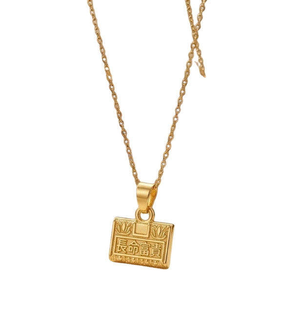 Generic Women's Pack of 2 Brass Gold Plated Chinese Character Lock Necklace (Gold)-PID68262