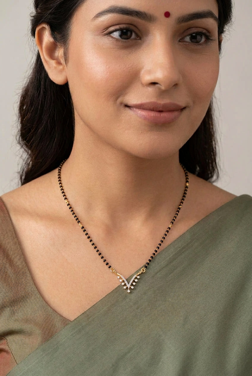 Women's Brass Gold Plated V-Shape Minimalist Mangalsutra (Multicolor)