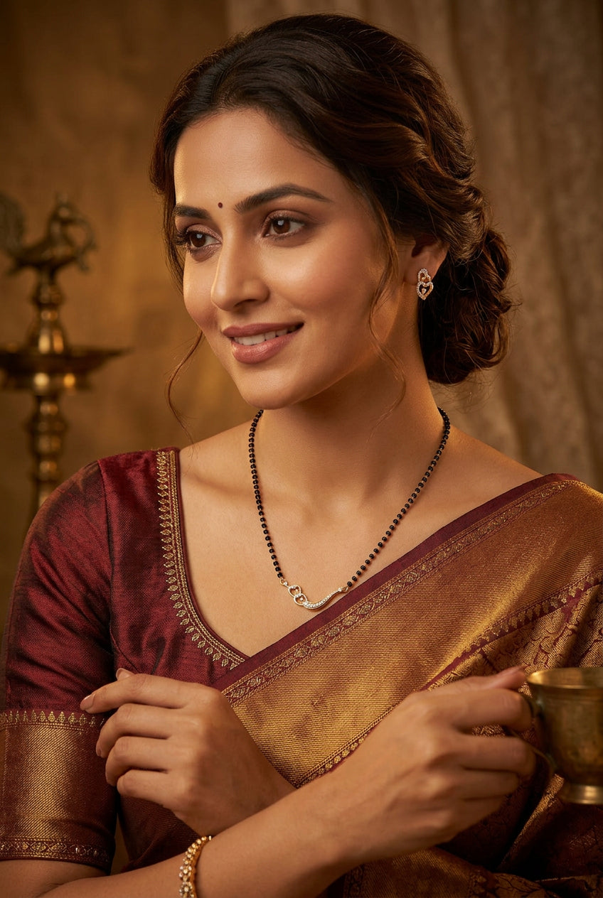 Women's Brass Gold Plated Curved Swirl Heart Mangalsutra (Multicolor)