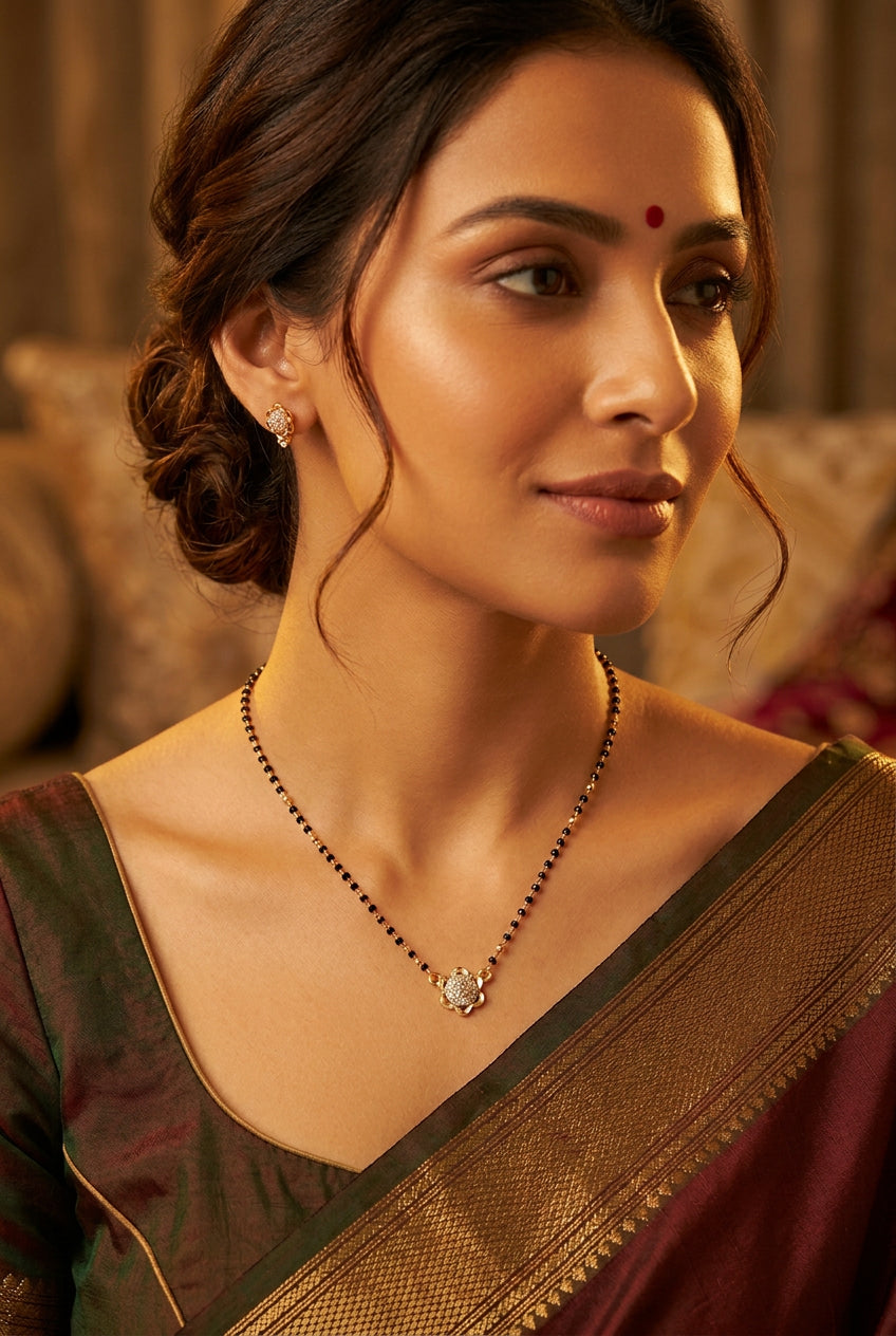 Women's Brass Gold Plated Dainty Floral AD Mangalsutra (Multicolor)