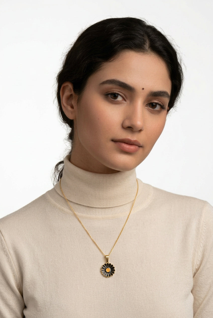 Women's Pack of 2 Brass Gold Plated Black Enamel Daisy Necklace (Gold)