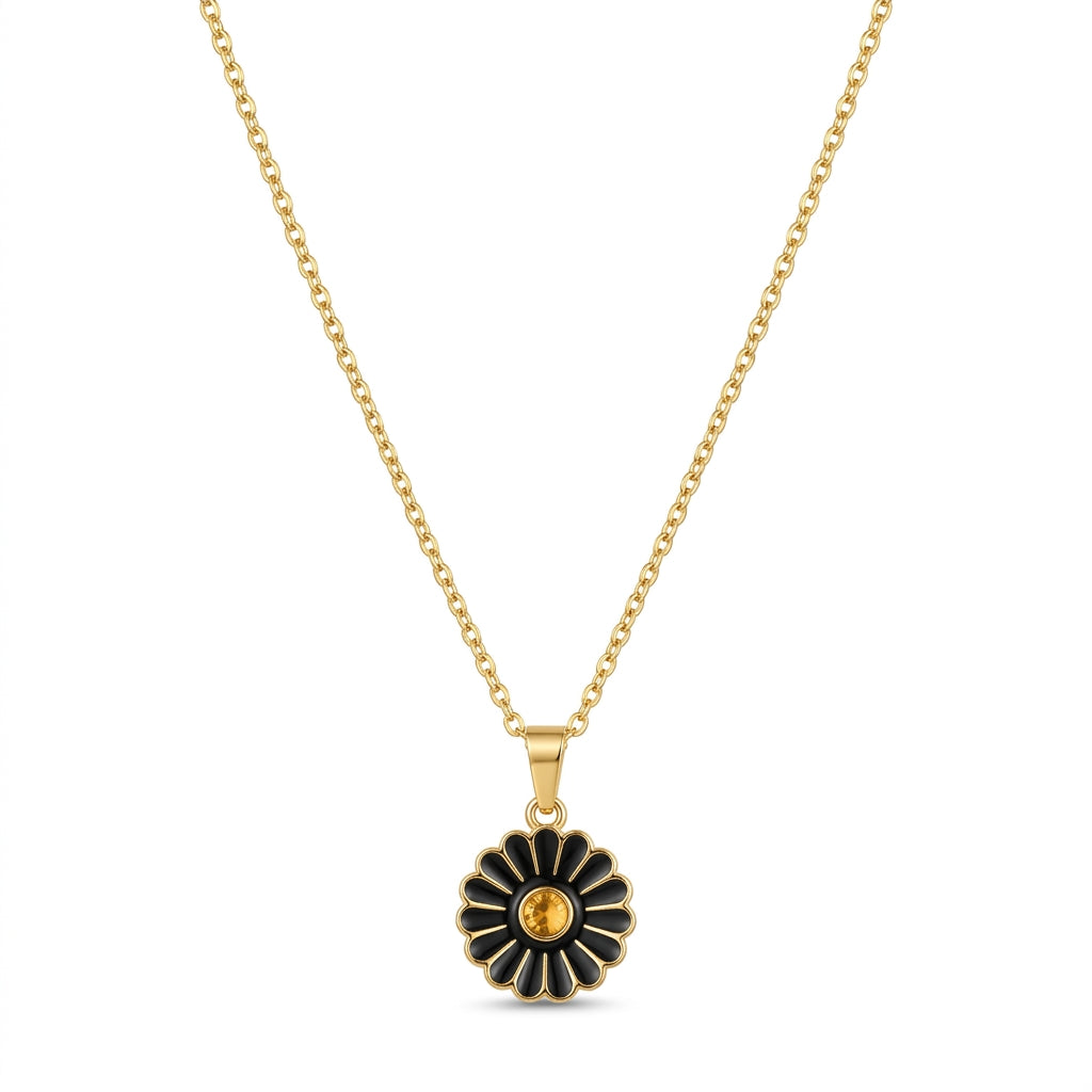 Women's Pack of 2 Brass Gold Plated Black Enamel Daisy Necklace (Gold)