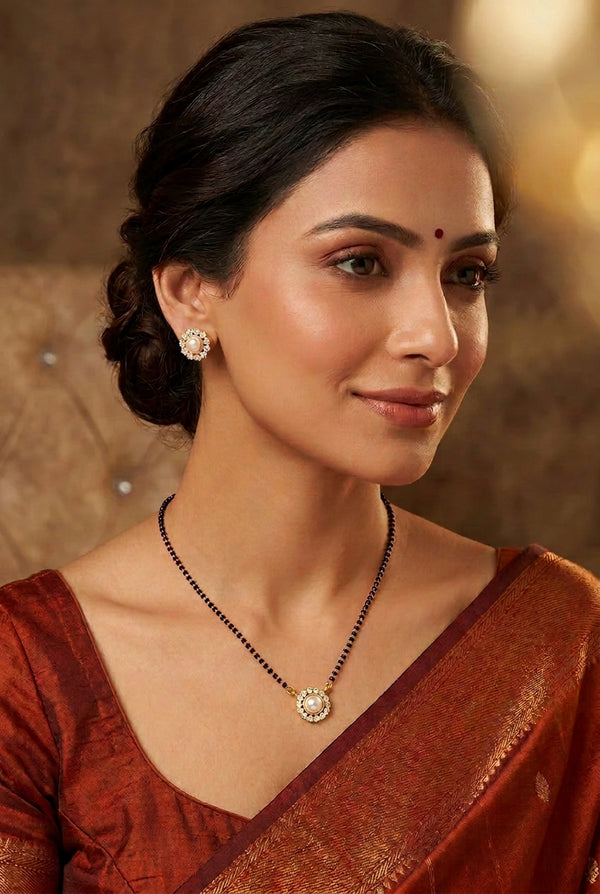 Women's Brass Gold Plated Pearl Halo Mangalsutra Set (Multicolor