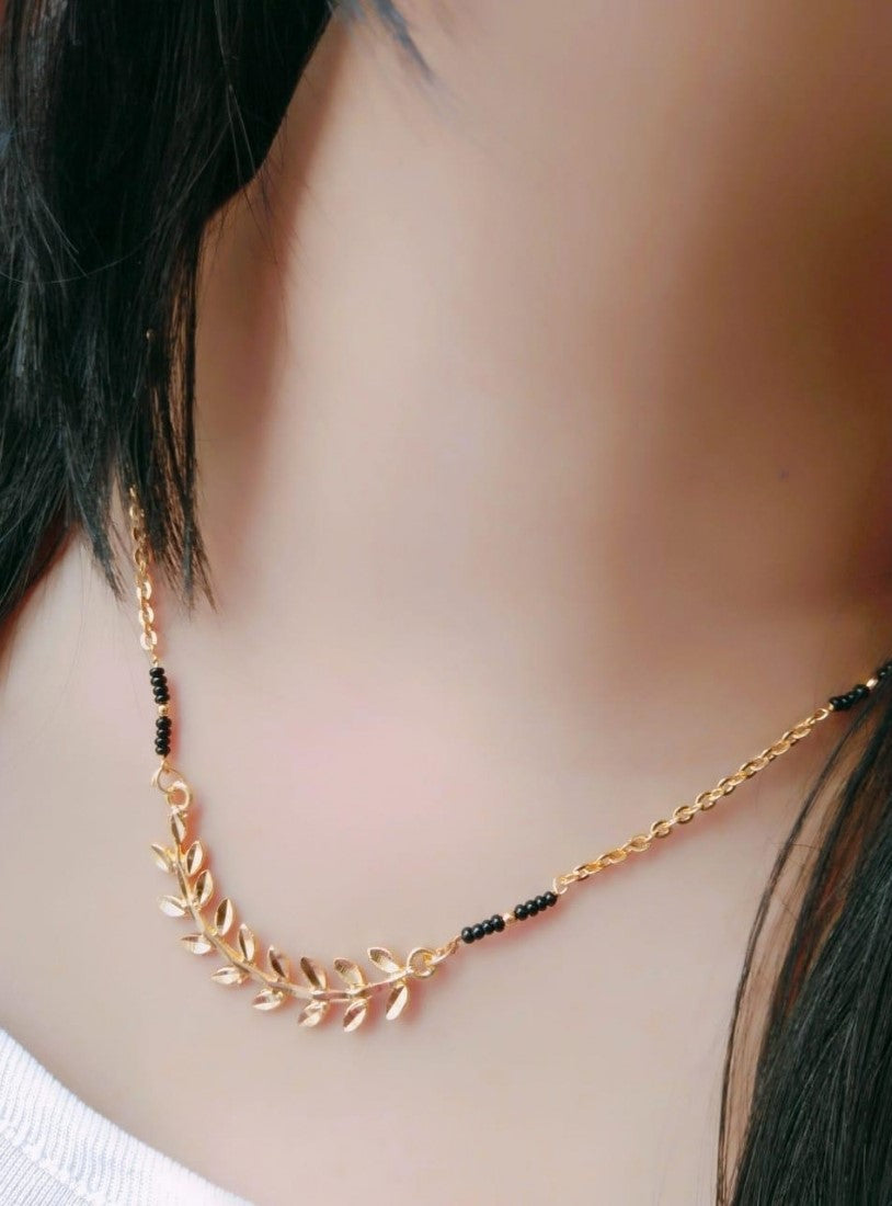 Women's Brass Gold Plated Asymmetric Leaf Branch Mangalsutra (Multicolor)