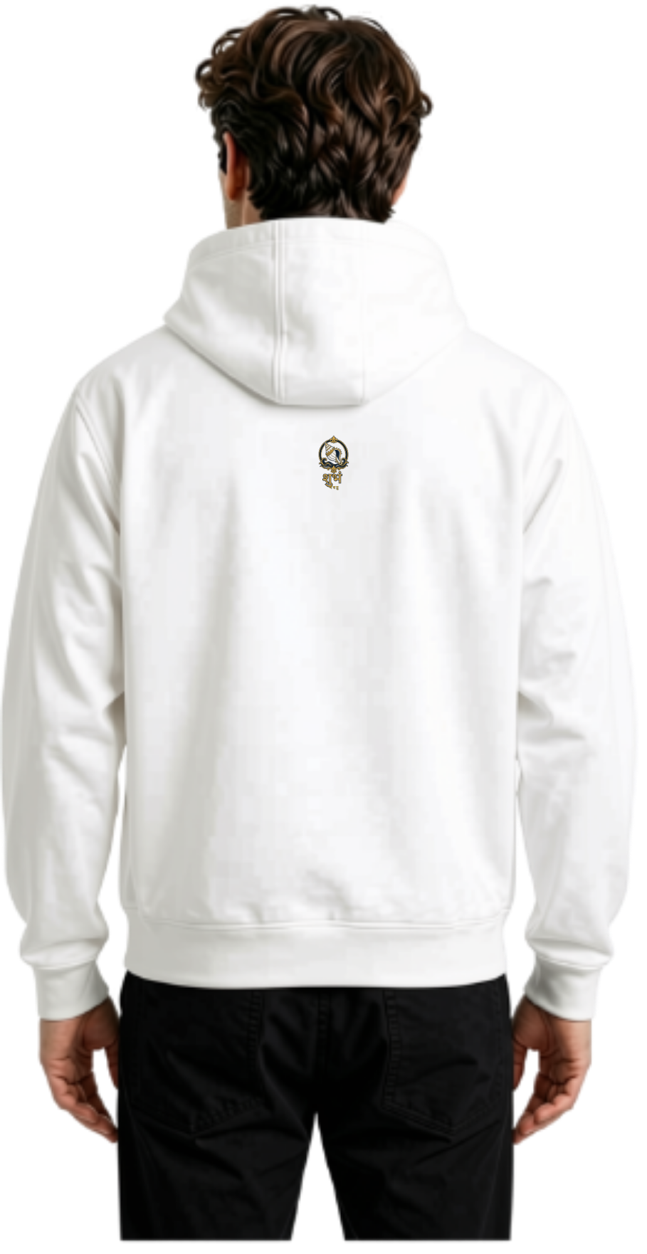 A man viewed from the back wearing a white pullover hoodie with a small cartoon graphic on the upper back, paired with black pants, against a plain white background.