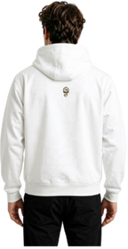 A man viewed from the back wearing a white pullover hoodie with a small cartoon graphic on the upper back, paired with black pants, against a plain white background.